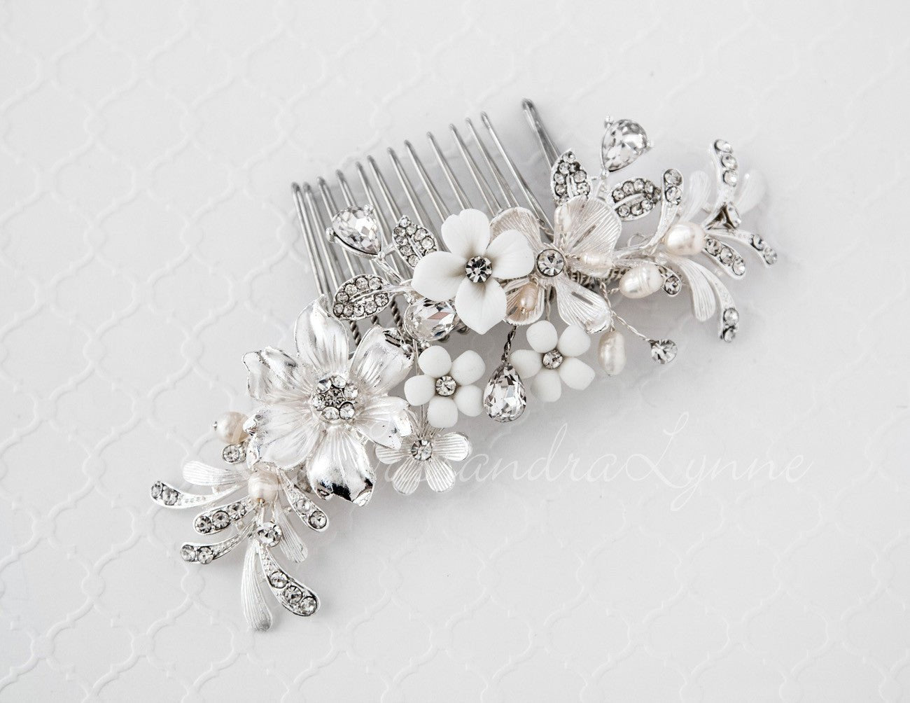 Bridal Hair Comb of Porcelain Flowers and Pearls - Cassandra Lynne