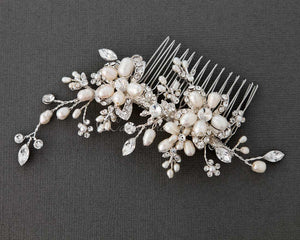 Bridal Hair Comb with Pearl Rhinestone Flowers