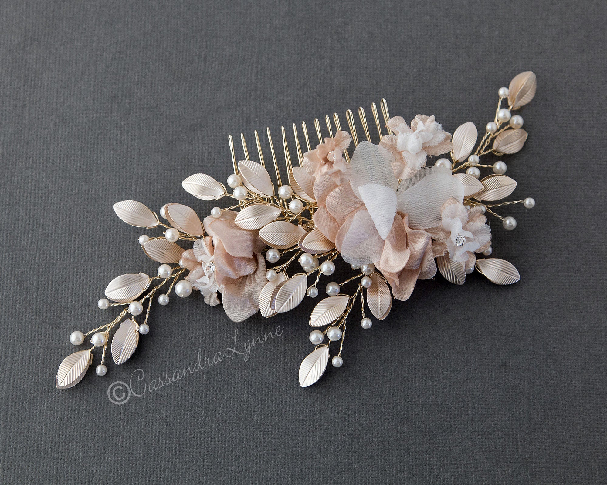 DS Ivory Wedding Hair Flower with Light Blush Pearls