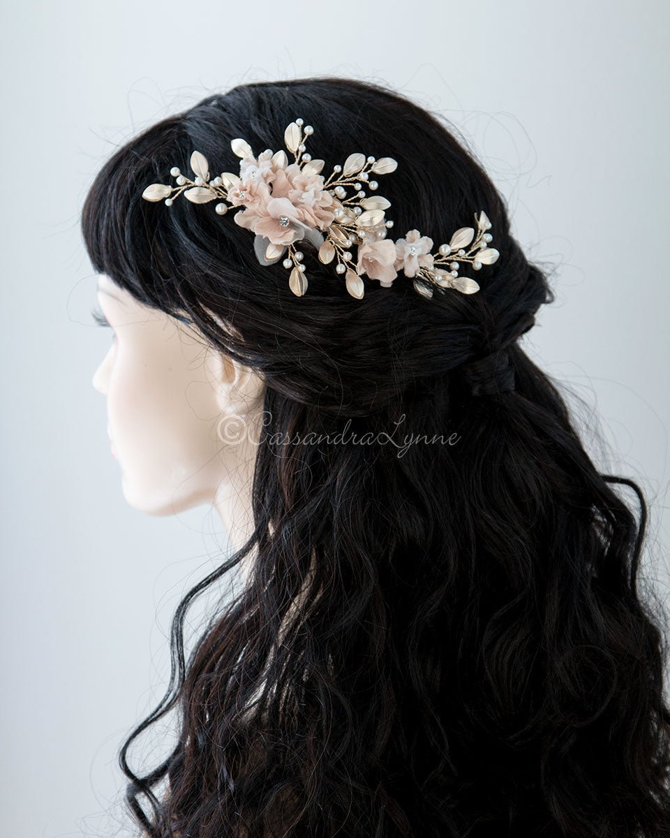 Bridal Hair Flower in Pink and Light Gold