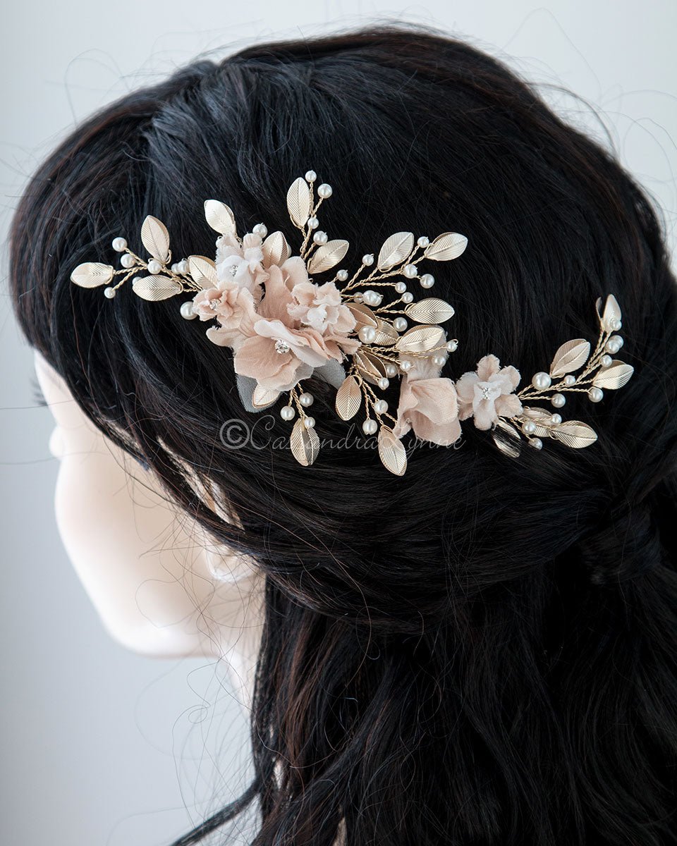 Bridal Hair Flower in Pink and Light Gold