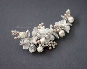 Bridal Hair Flower with Blush Pearls
