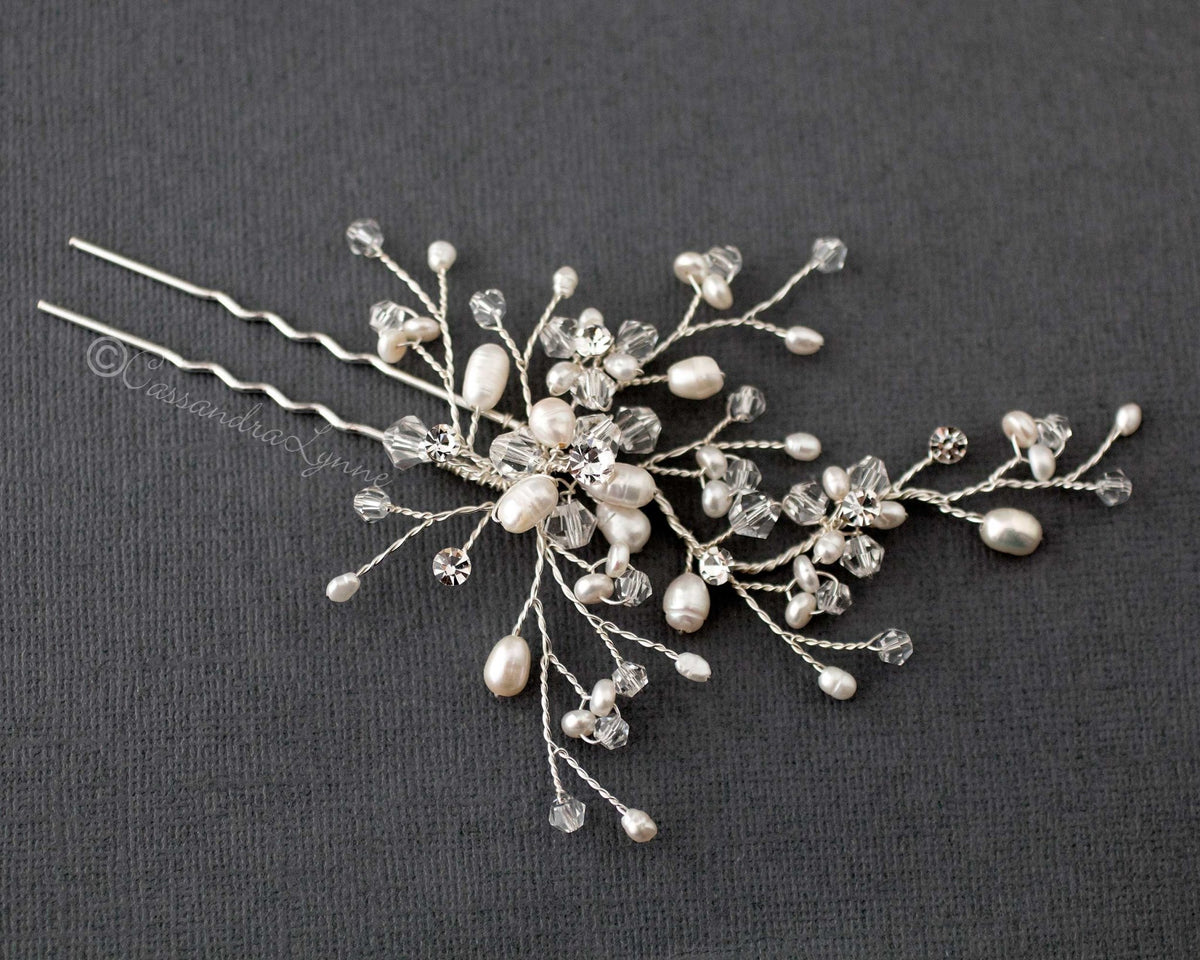 Bridal Hair Pin of Freshwater Pearls and Crystal Beads - Cassandra Lynne