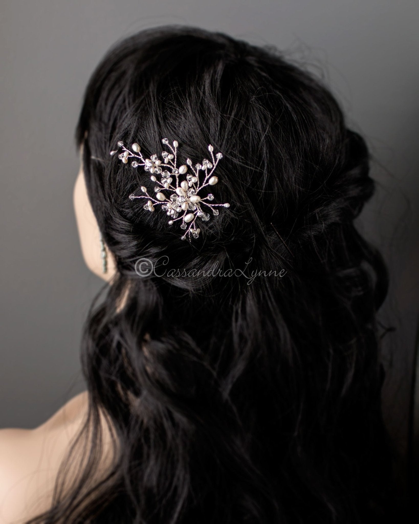 Bridal Hair Pin of Freshwater Pearls and Crystal Beads - Cassandra Lynne