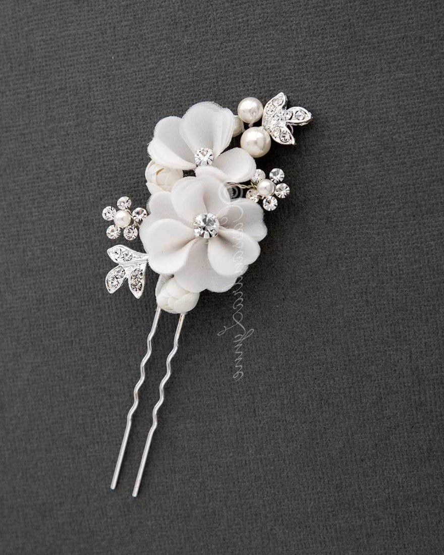 Bridal Hair Pin of Ivory Fabric Flowers and Pearls - Hair Pins - Cassandra Lynne
