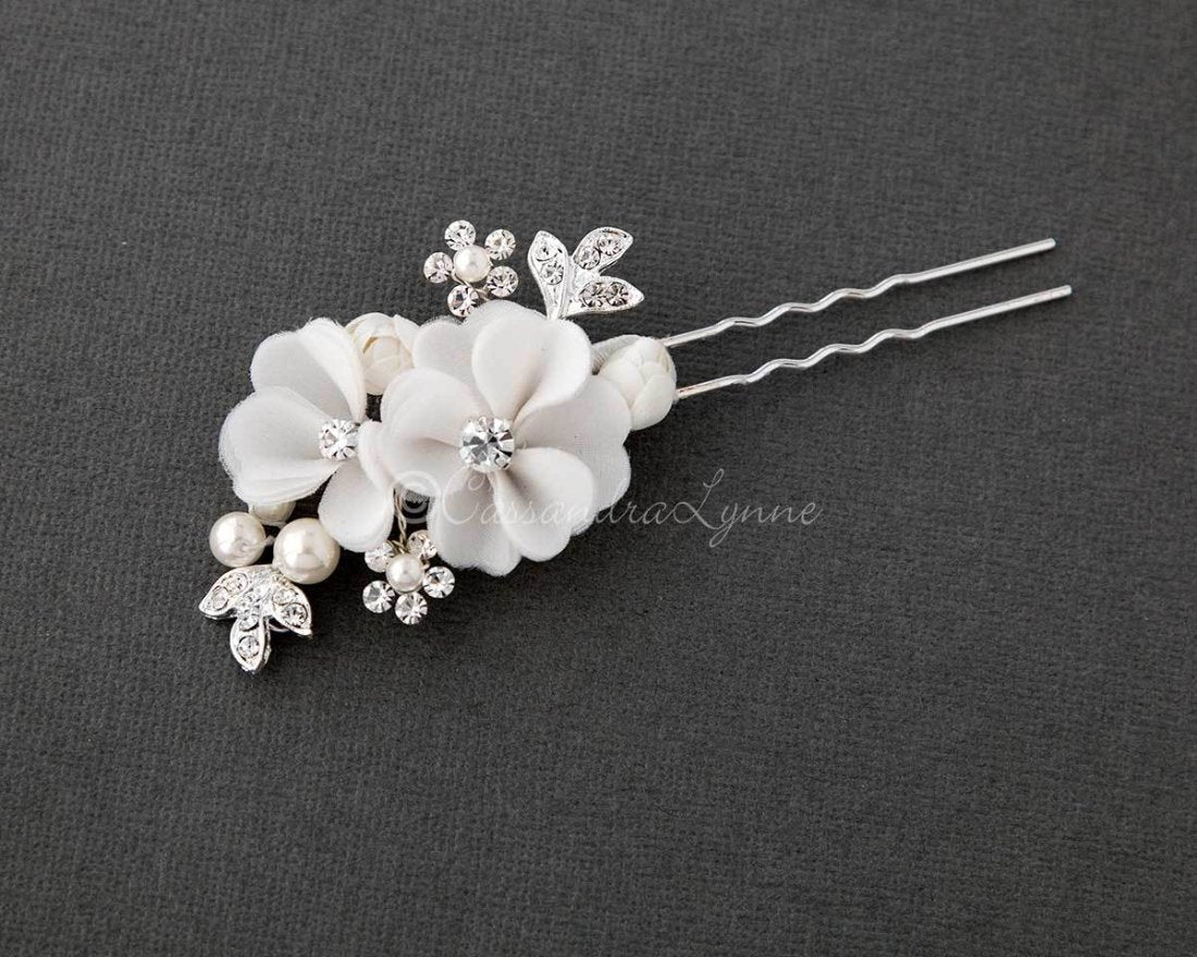 Bridal Hair Pin of Ivory Fabric Flowers and Pearls - Hair Pins - Cassandra Lynne