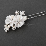 Bridal Hair Pin of Ivory Fabric Flowers and Pearls - Hair Pins - Cassandra Lynne