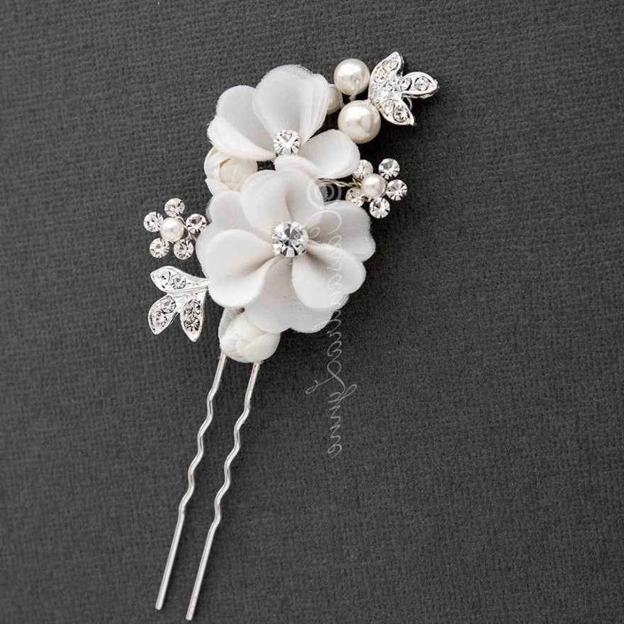 Bridal Hair Pin of Ivory Fabric Flowers and Pearls - Hair Pins - Cassandra Lynne