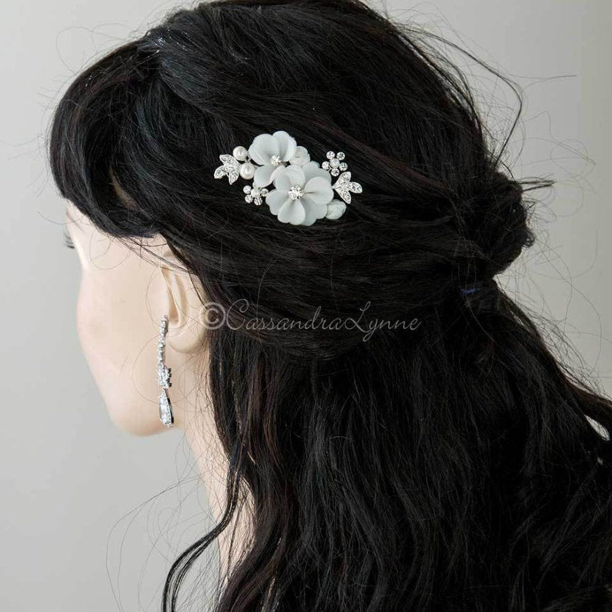 Bridal Hair Pin of Ivory Fabric Flowers and Pearls - Hair Pins - Cassandra Lynne