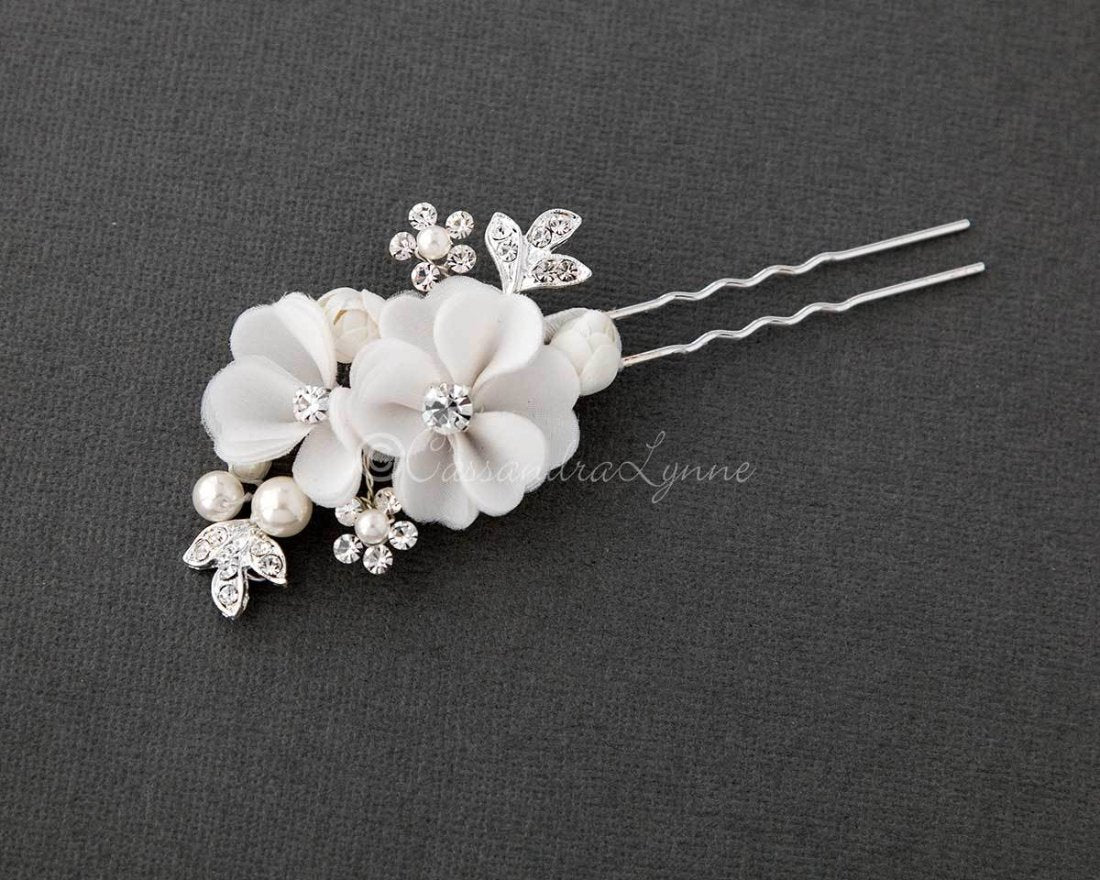 Bridal Hair Pin of Ivory Fabric Flowers and Pearls