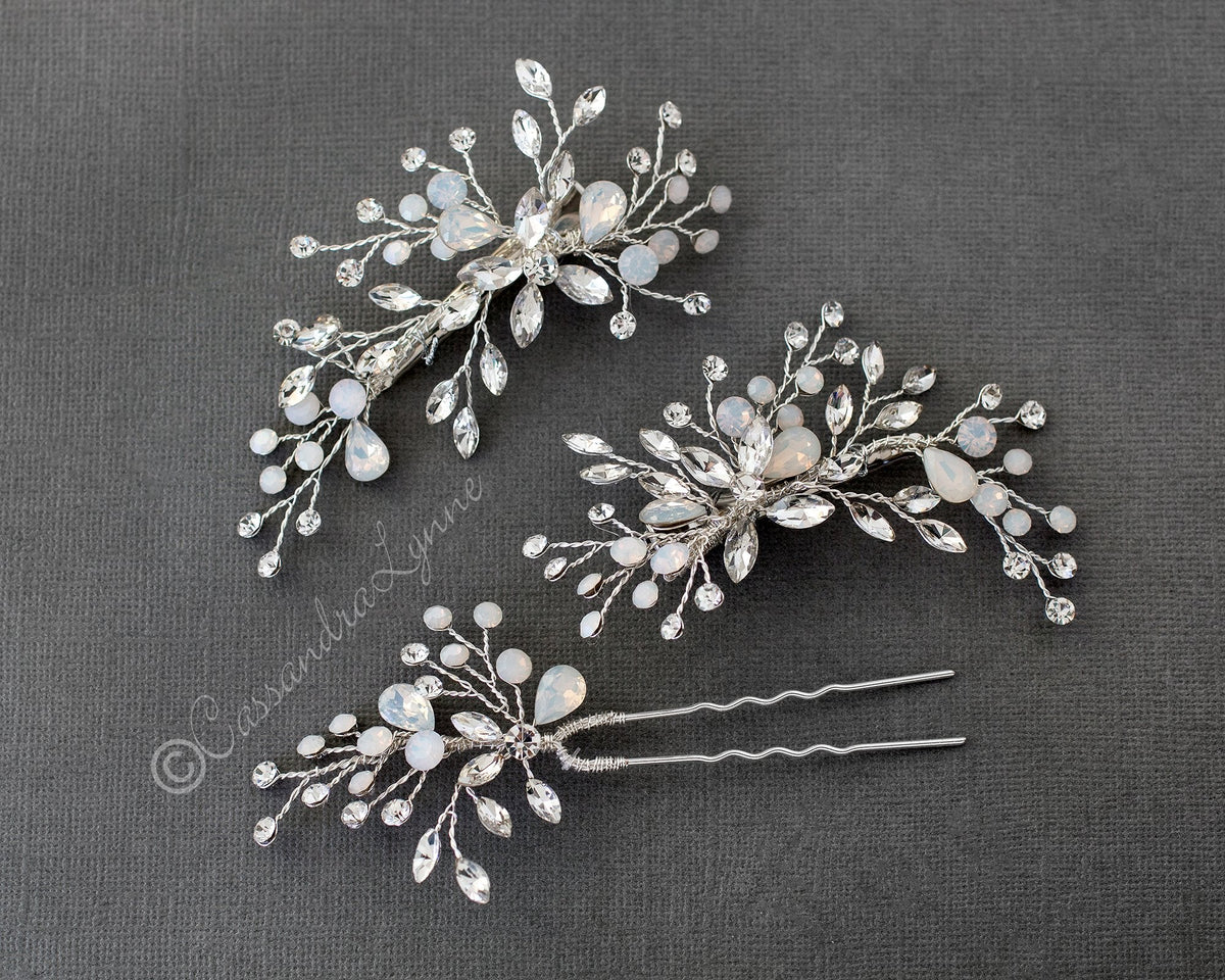 Bridal Hair Pin Set of Opal and Clear Crystals