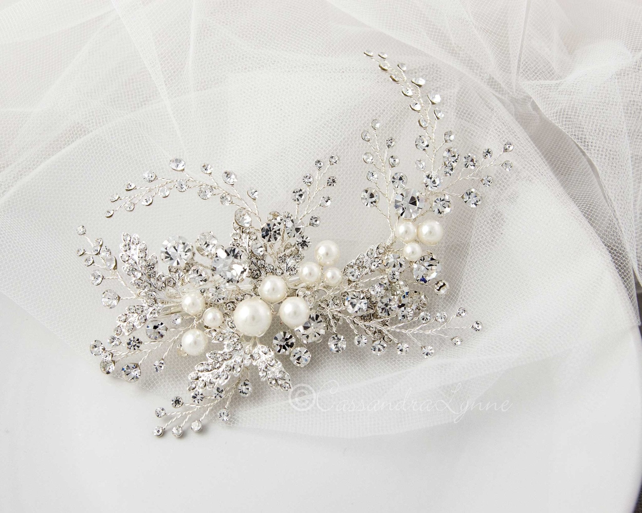 Bridal Headpiece Clip of Jewel Sprays and Pearls - Hair Clips - Cassandra Lynne