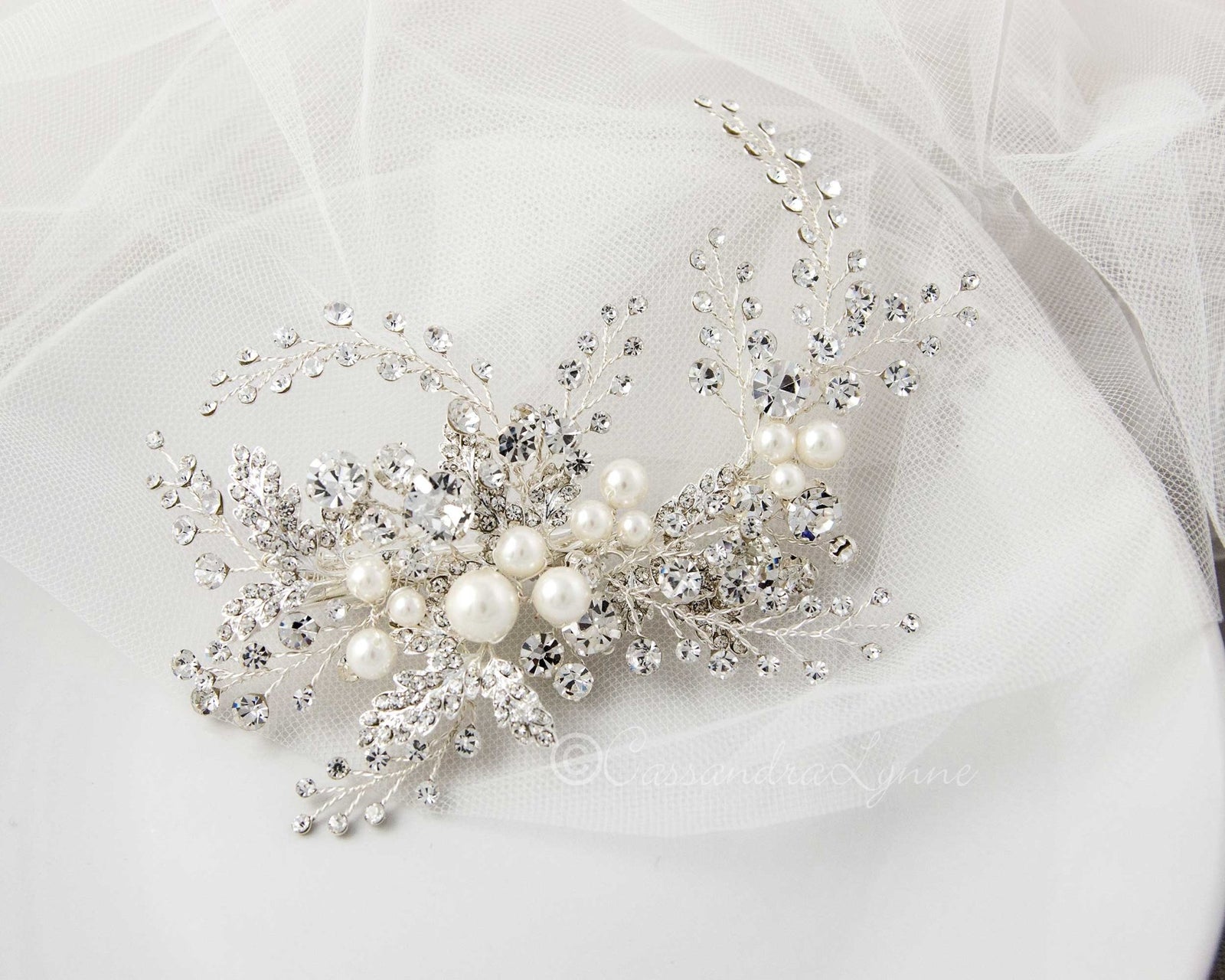 Bridal Headpiece Clip of Jewel Sprays and Pearls - Cassandra Lynne