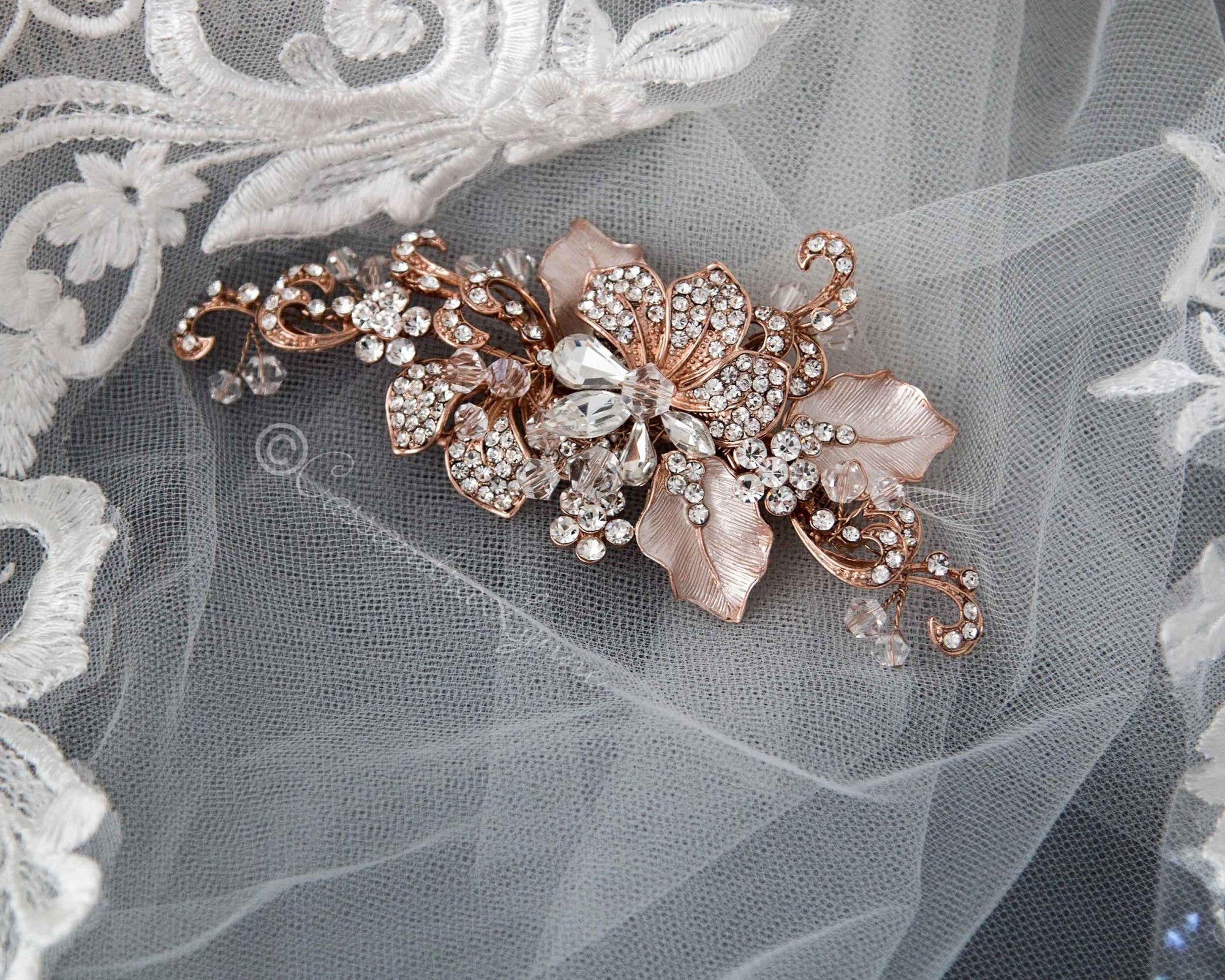 Bridal Headpiece of Frosted Rose Gold and Crystal Leaves - Cassandra Lynne