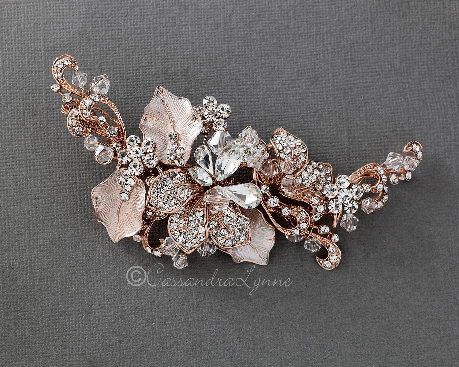 Bridal Headpiece of Frosted Rose Gold and Crystal Leaves - Cassandra Lynne