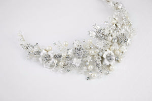 Bridal Headpiece with Silver Frosted Flowers Pearls and Crystals