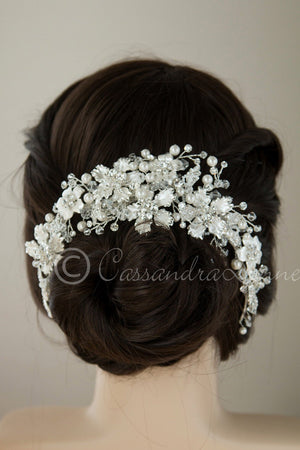 Bridal Headpiece with Silver Frosted Flowers Pearls and Crystals model