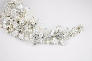 Bridal Headpiece with Silver Frosted Flowers Pearls and Crystals