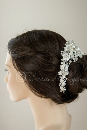Bridal Headpiece with Silver Frosted Flowers Pearls and Crystals model