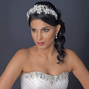 Bridal Headpiece with Silver Frosted Flowers Pearls and Crystals