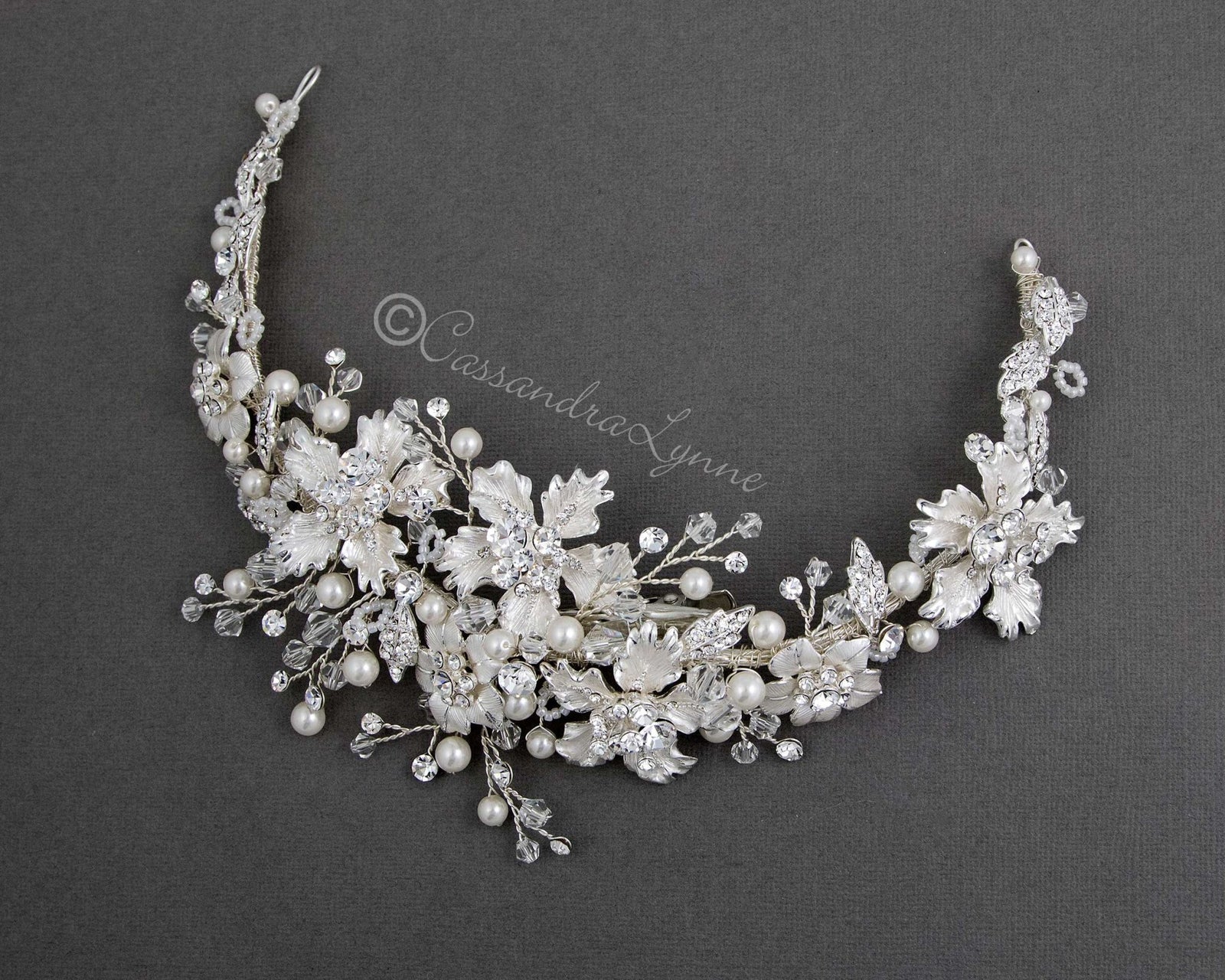 Bridal Headpiece with Frosted Flowers Pearls and Crystals - Cassandra Lynne
