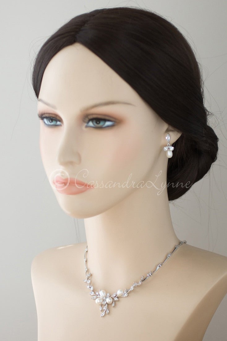 Bridal Jewelry Necklace Set with Pearl Flower and CZ - Necklace Set - Cassandra Lynne