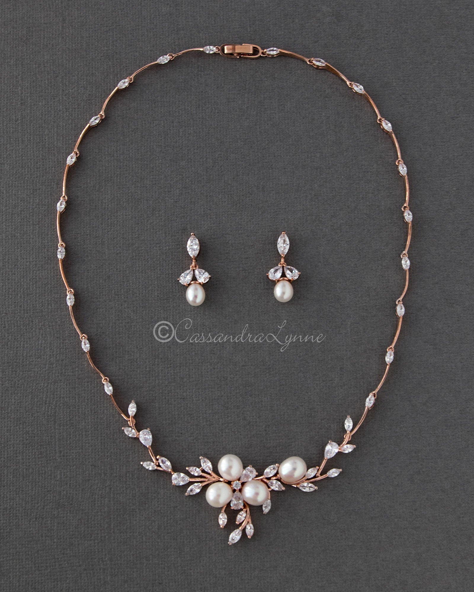 Bridal Jewelry Necklace Set with Pearl Flower and CZ - Necklace Set - Cassandra Lynne