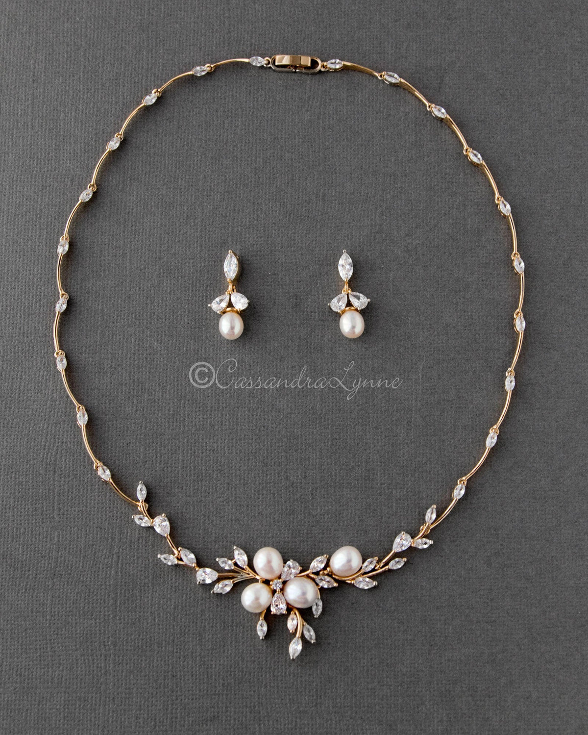 Bridal Jewelry Necklace Set with Pearl Flower and CZ - Necklace Set - Cassandra Lynne