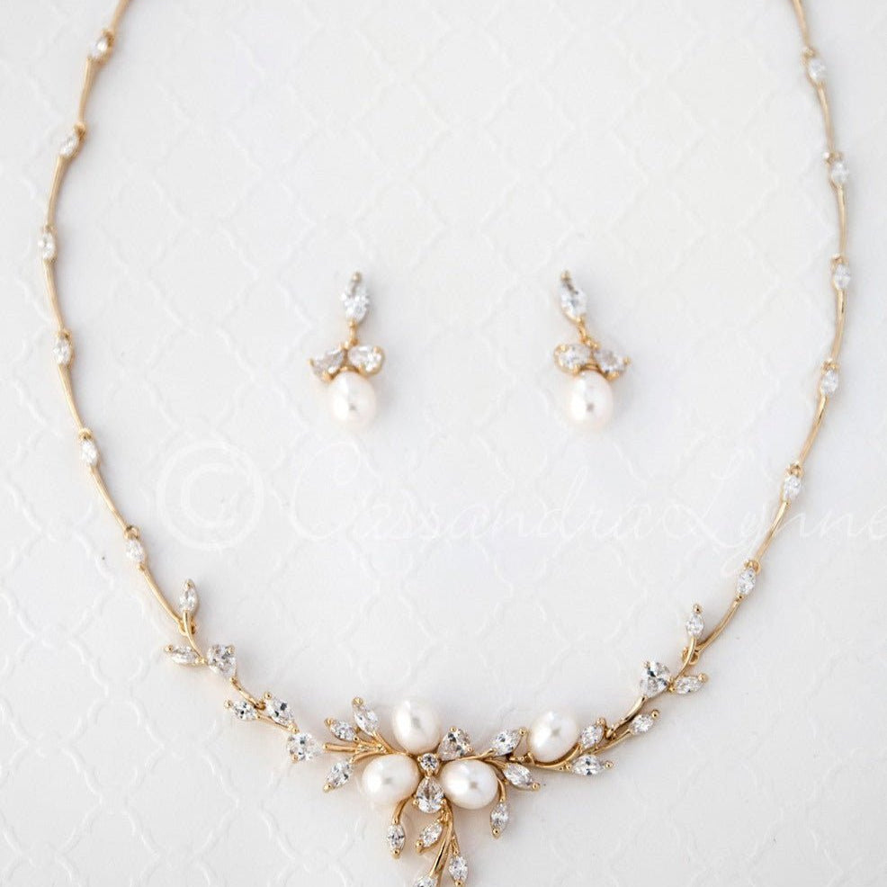 Bridal Jewelry Necklace Set with Pearl Flower and CZ - Necklace Set - Cassandra Lynne