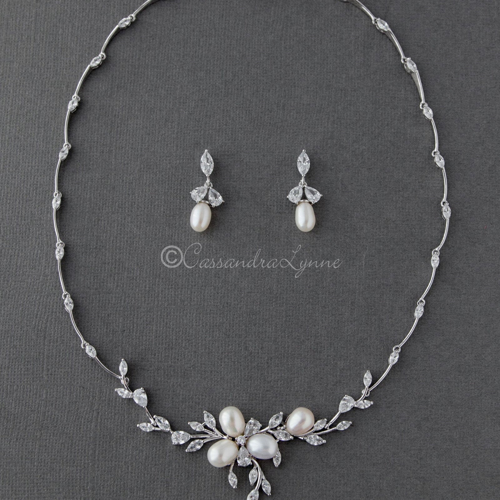Bridal Jewelry Necklace Set with Pearl Flower and CZ - Necklace Set - Cassandra Lynne