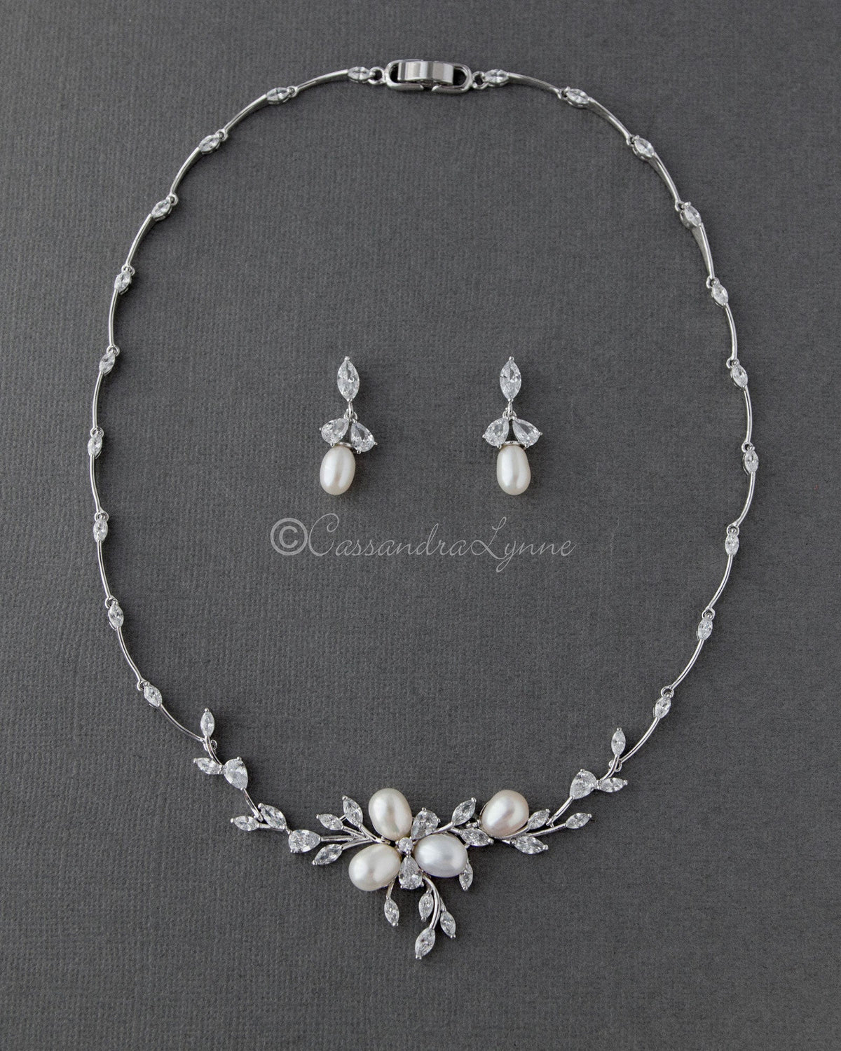 Bridal Jewelry Necklace Set with Pearl Flower and CZ - Necklace Set - Cassandra Lynne