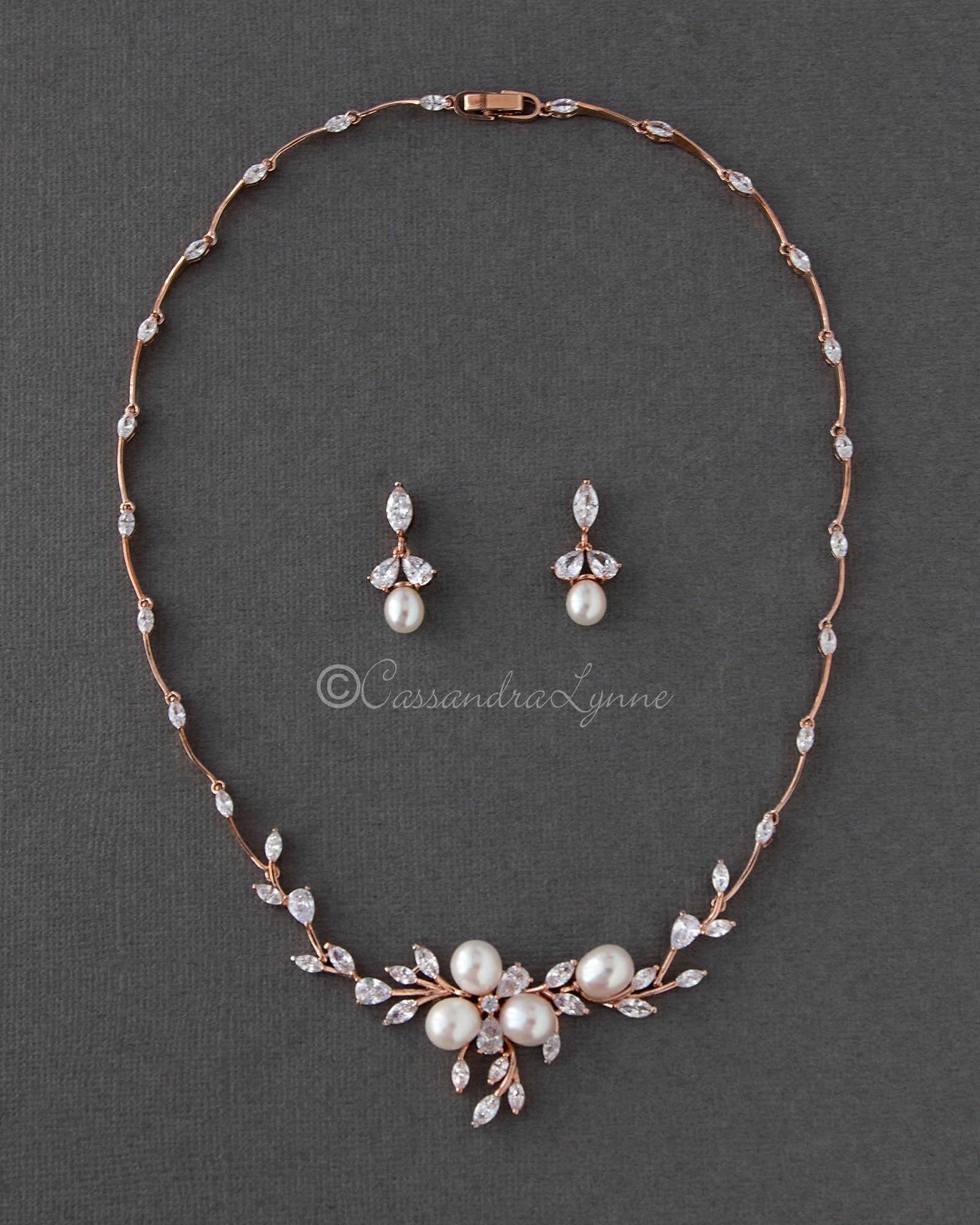 Bridal Jewelry Necklace Set with Pearl Flower and CZ - Cassandra Lynne