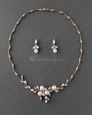 Bridal Jewelry Necklace Set with Pearl Flower and CZ