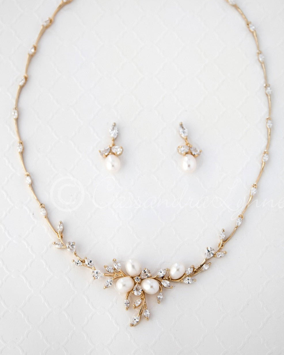 Bridal Jewelry Necklace Set with Pearl Flower and CZ - Cassandra Lynne