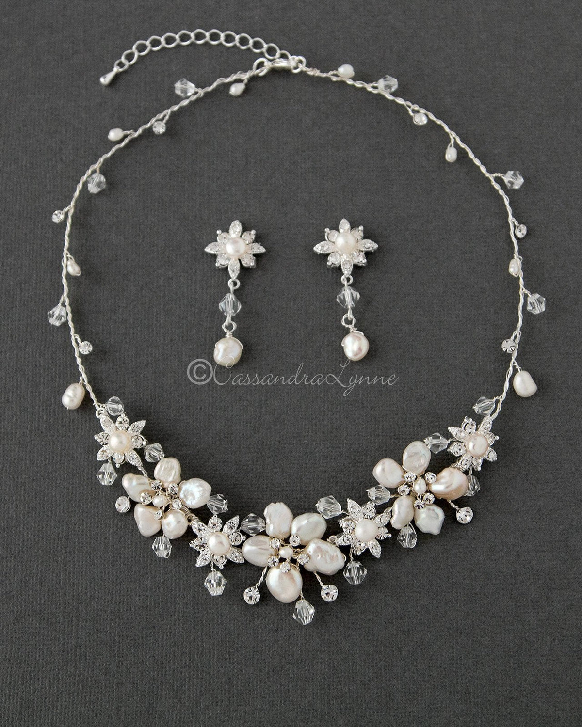 Bridal Necklace of Keshi Pearls and Crystals