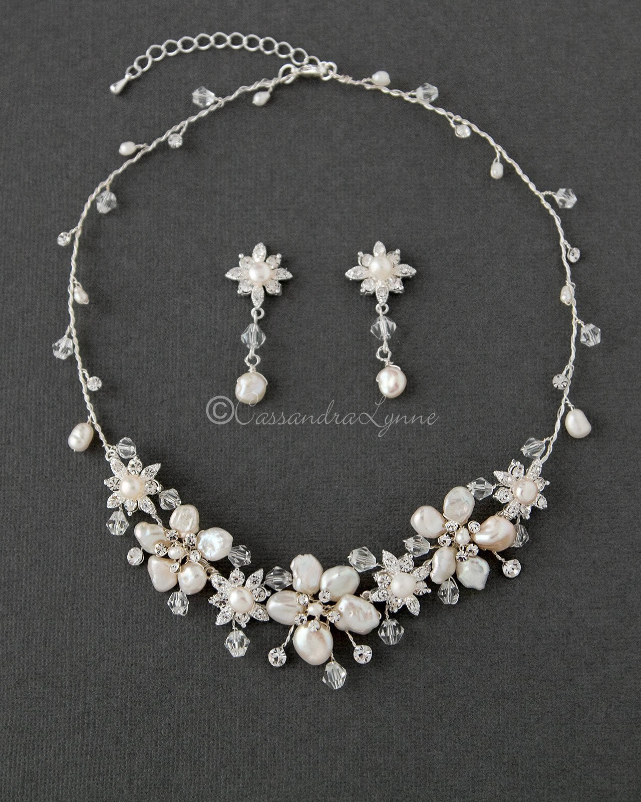 Bridal Necklace of Keshi Pearls and Crystals - Cassandra Lynne