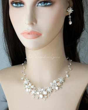 Bridal Necklace of Keshi Pearls and Crystals