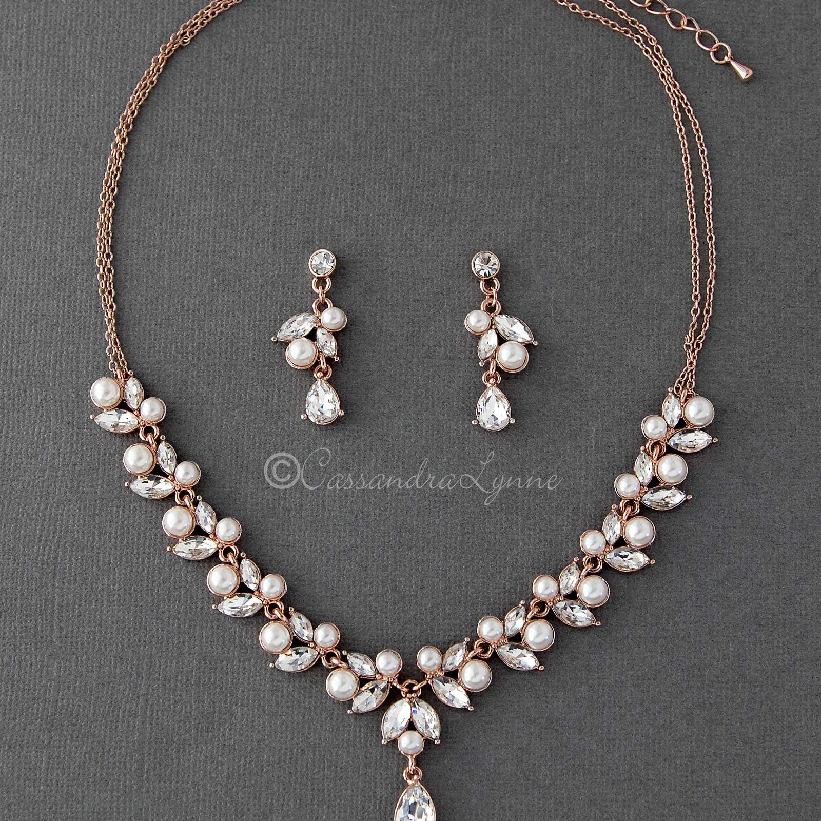 Bridal Necklace Set in Rose Gold with Pearls - Necklace Set - Cassandra Lynne