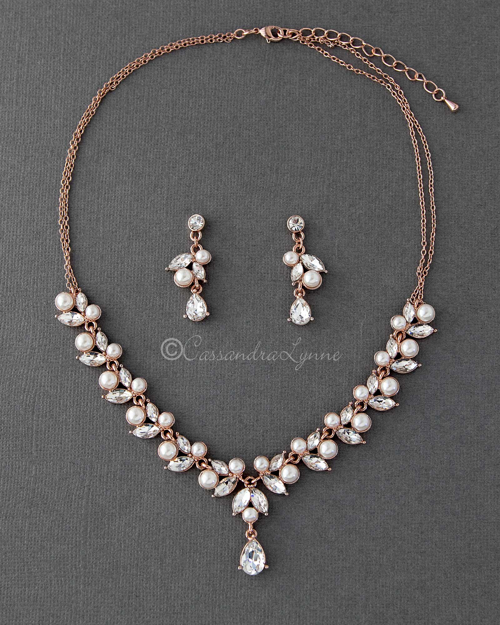 Bridal Necklace Set in Rose Gold with Pearls - Necklace Set - Cassandra Lynne