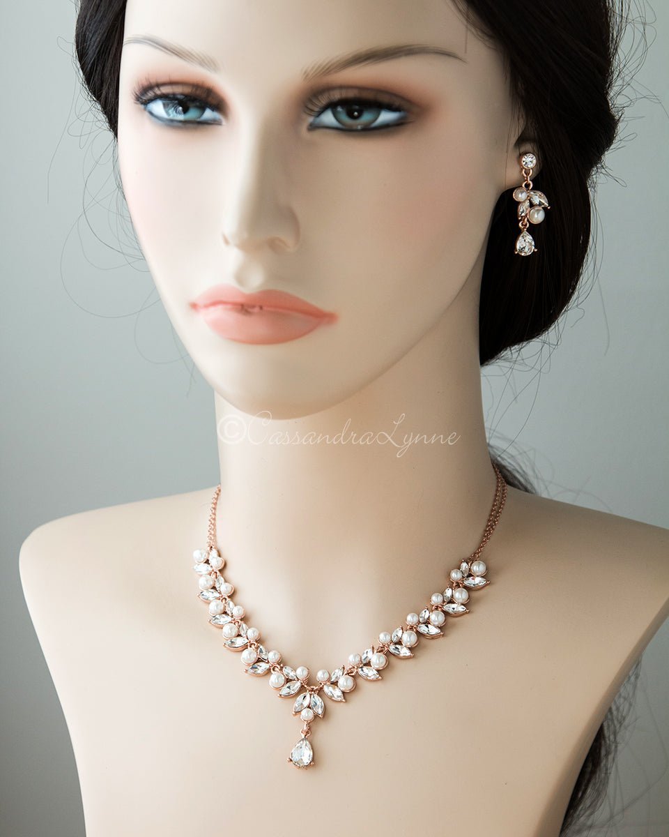 Bridal Necklace Set in Rose Gold with Pearls - Necklace Set - Cassandra Lynne