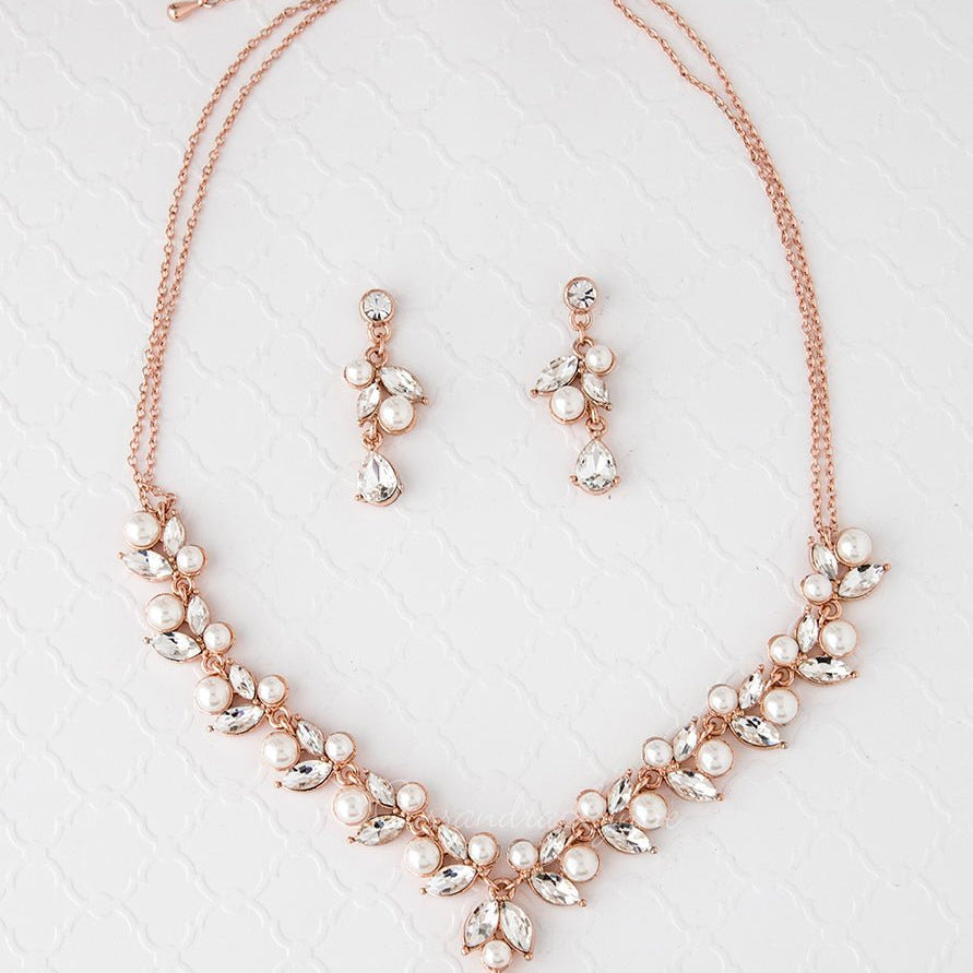Bridal Necklace Set in Rose Gold with Pearls - Necklace Set - Cassandra Lynne
