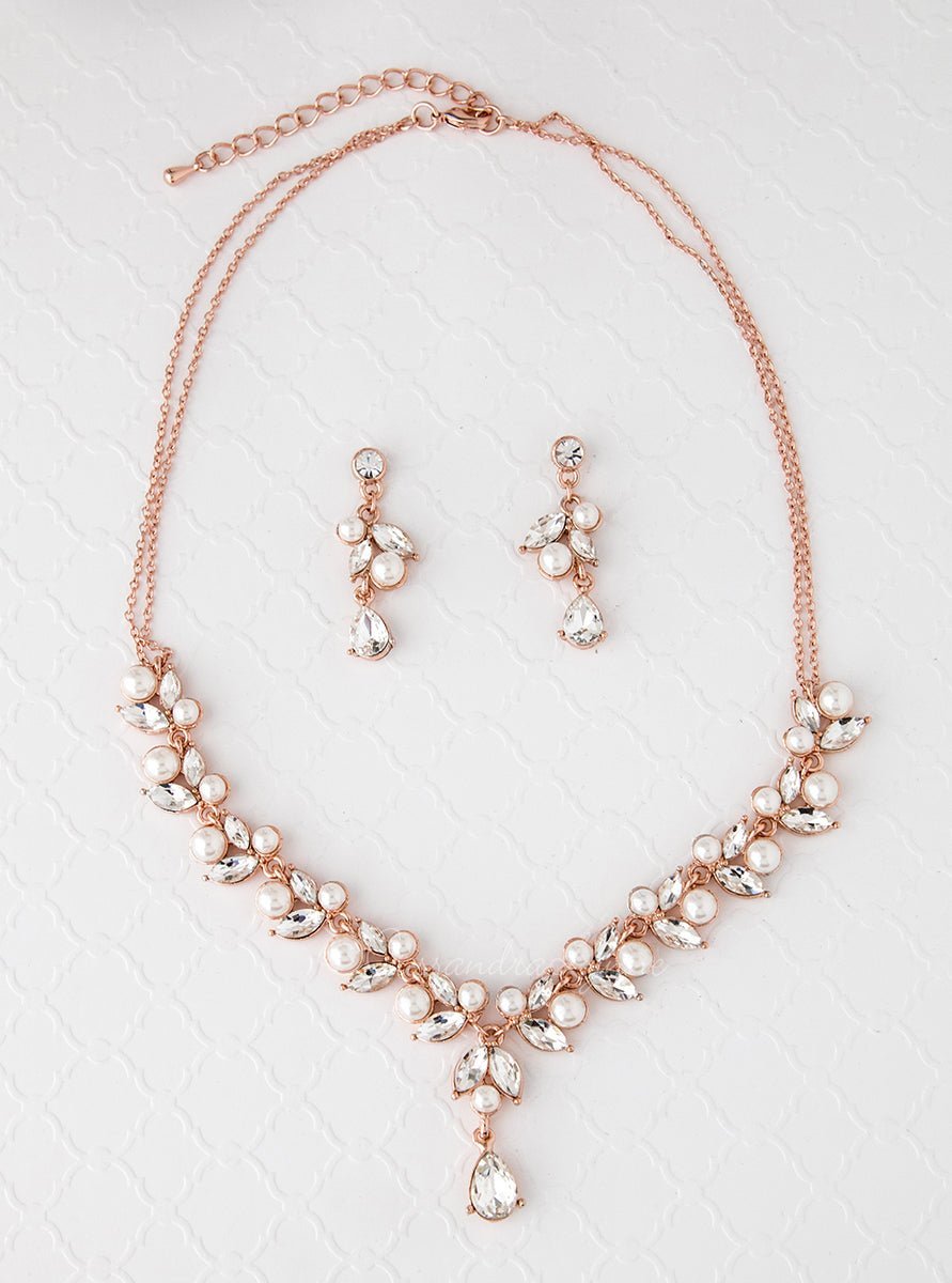 Bridal Necklace Set in Rose Gold with Pearls - Necklace Set - Cassandra Lynne