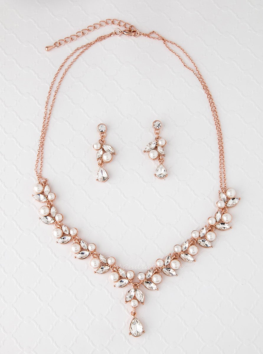 Swarovski Crystal Dainty Rose Gold Leaves Drop Necklace , Bridal Jewel –  TheMillenniumBride