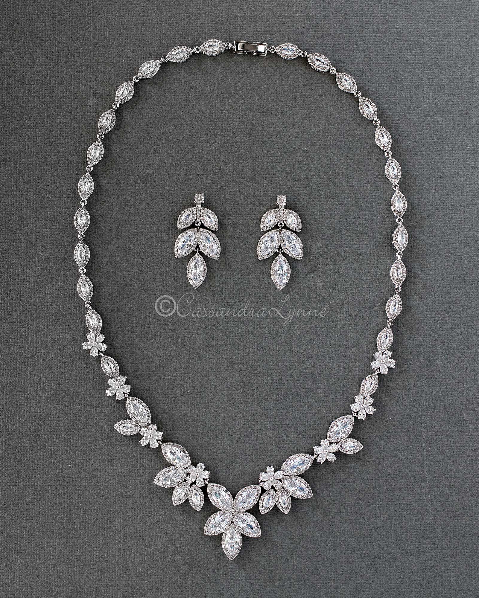 Bridal Necklace Earring Set of Pave Marquise Leaf Crystals - Cassandra Lynne