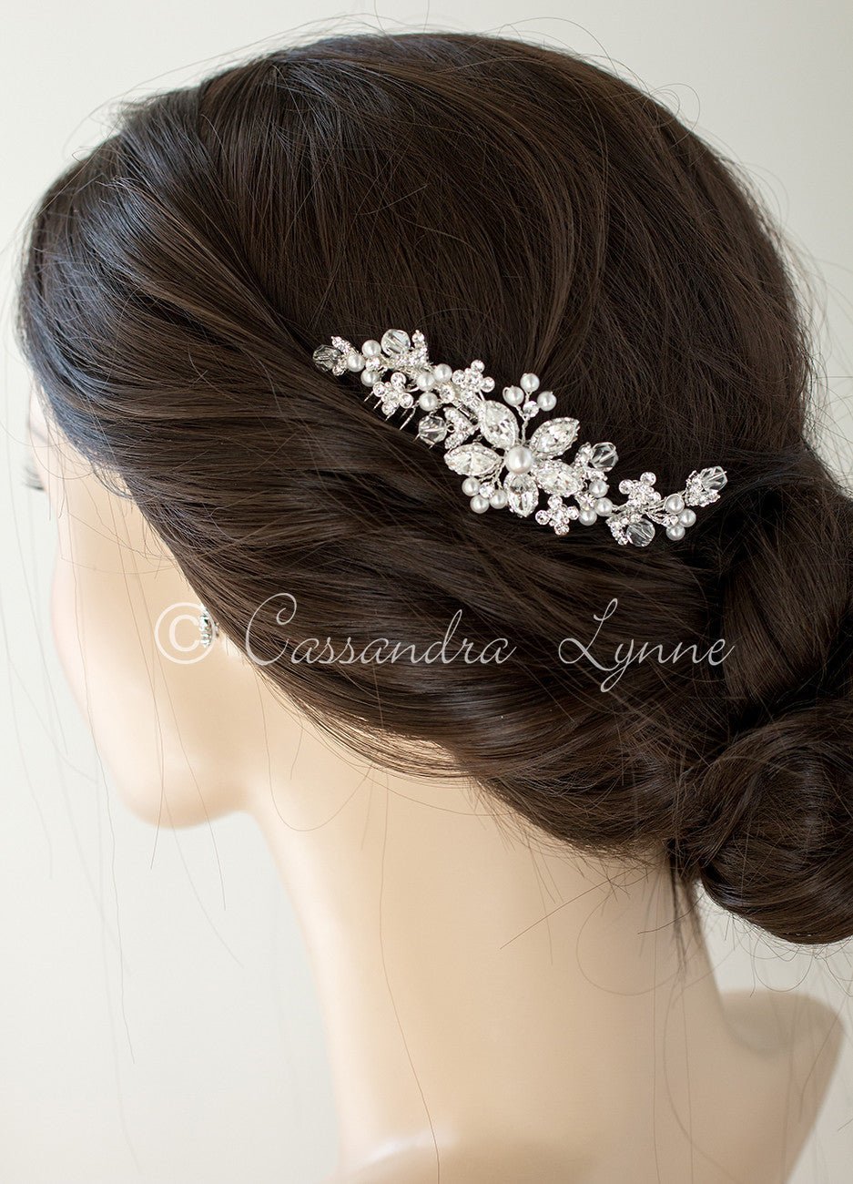 Bridal Pearl Hair Comb with Vintage Flower - Hair Comb - Cassandra Lynne