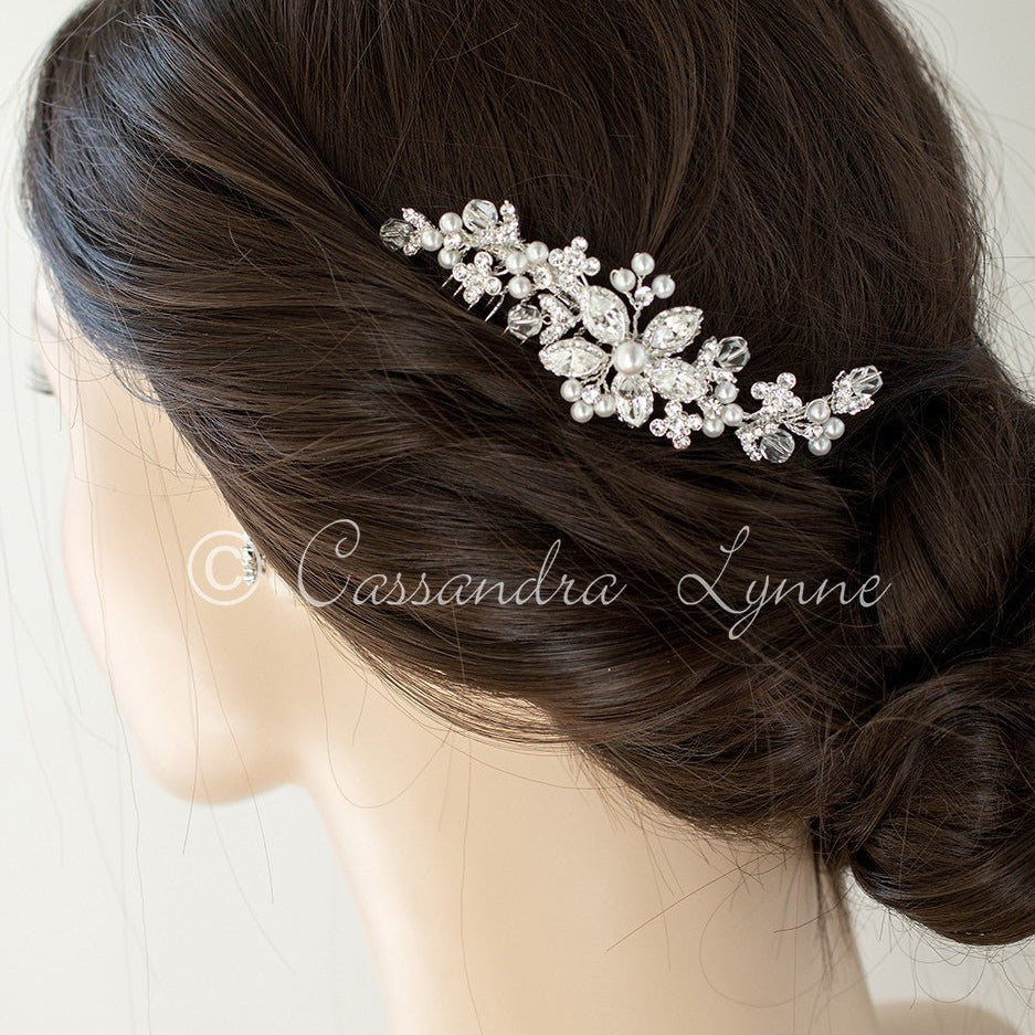Bridal Pearl Hair Comb with Vintage Flower - Hair Comb - Cassandra Lynne