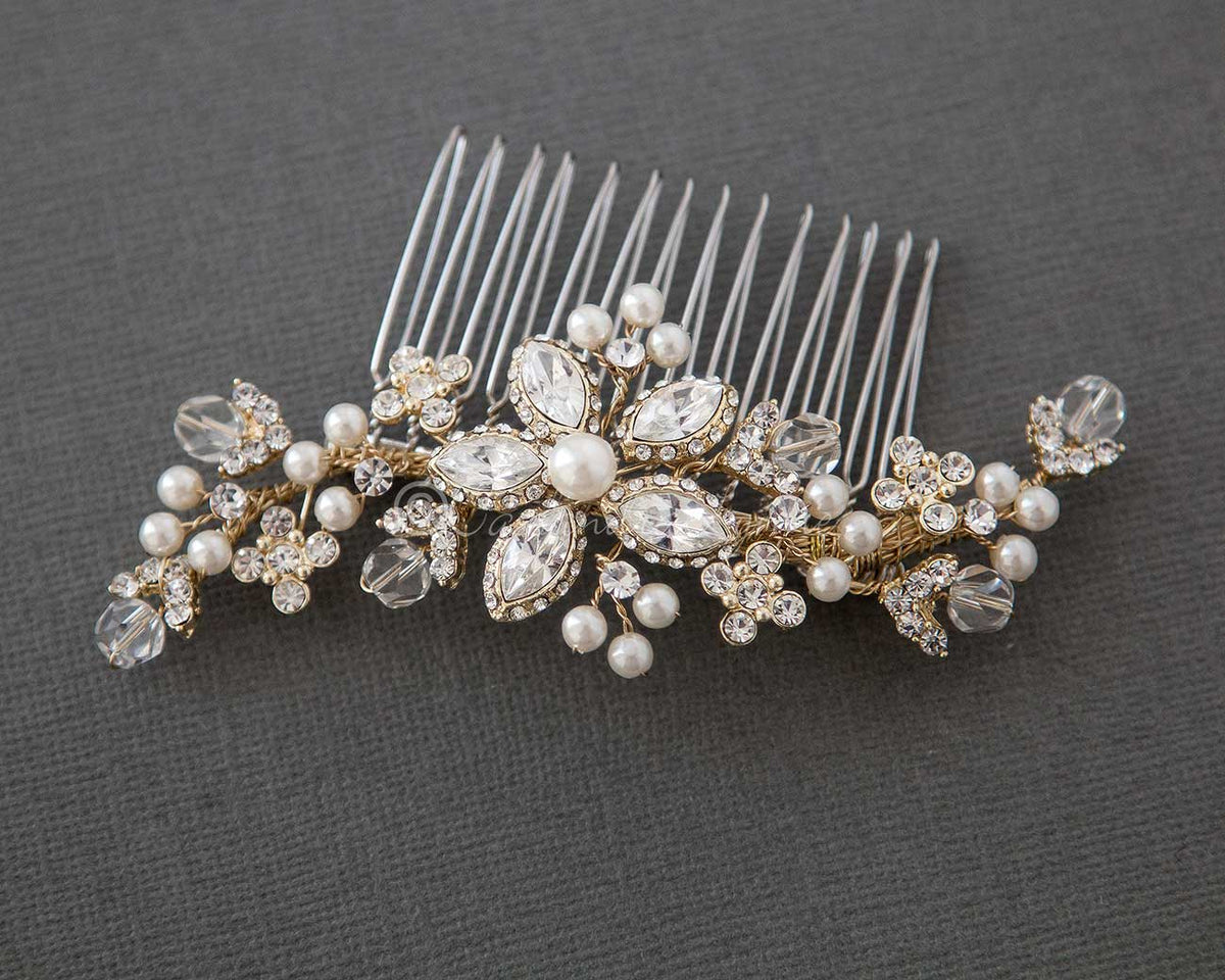 Bridal Pearl Hair Comb with Vintage Marquise Flower Gold