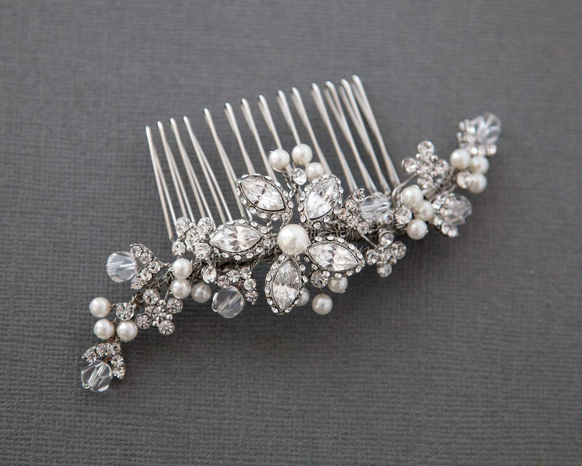 Bridal Pearl Hair Comb with Vintage Flower - Cassandra Lynne
