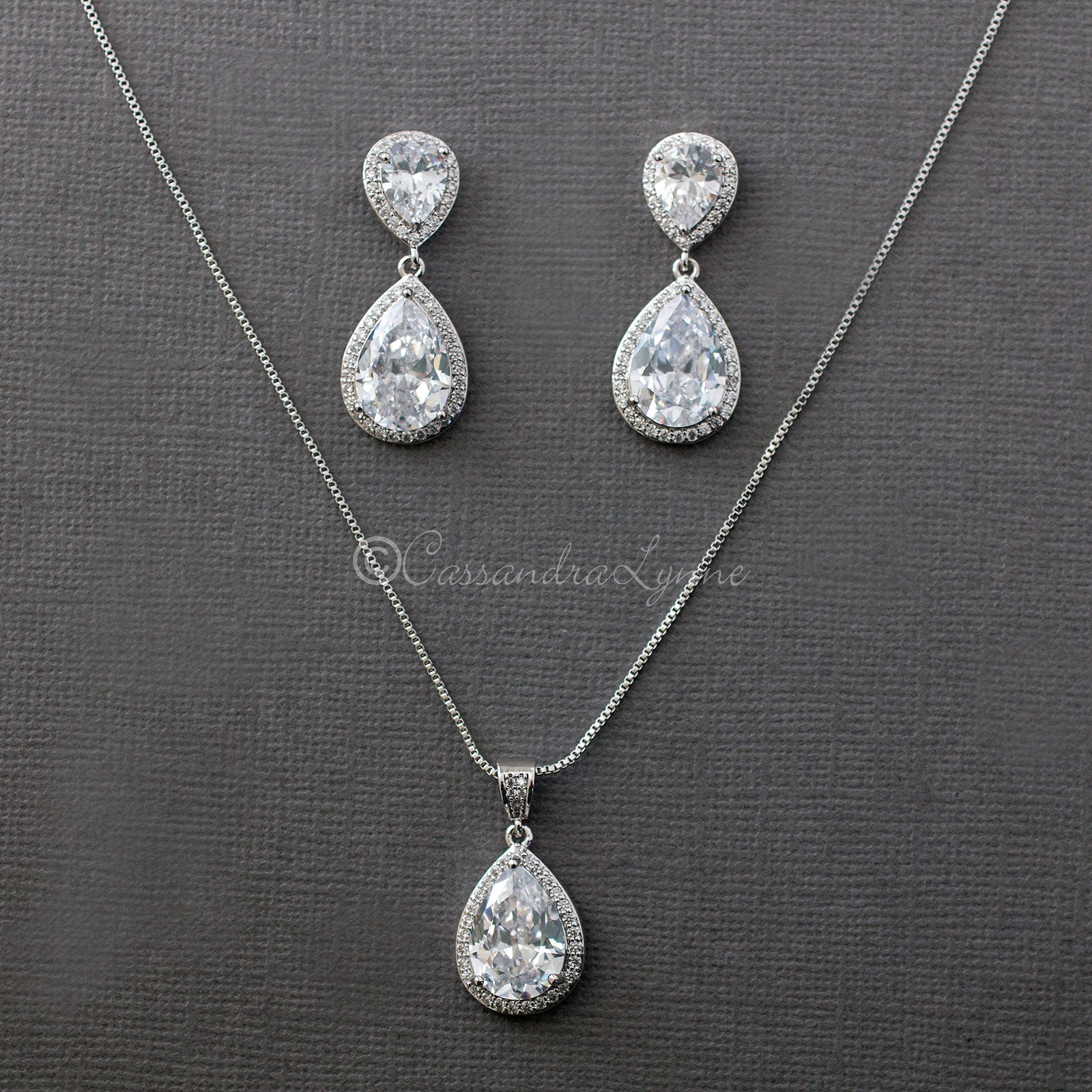 Bridal Pendant Set of Large Water Drops - Necklace Set - Cassandra Lynne