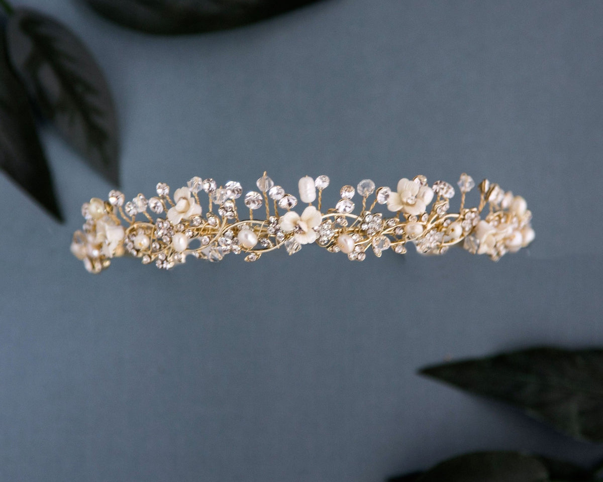 Bridal Tiara with Delicate Porcelain Flowers - Cassandra Lynne